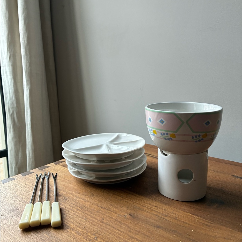 Colorful Ceramic Fondue Set with Plates
